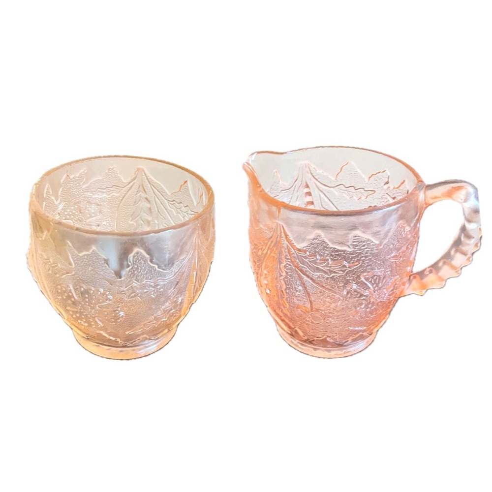 PINK DEPRESSION GLASS Floral Botanical Motif Creamer & Sugar Set (Lid Missing)